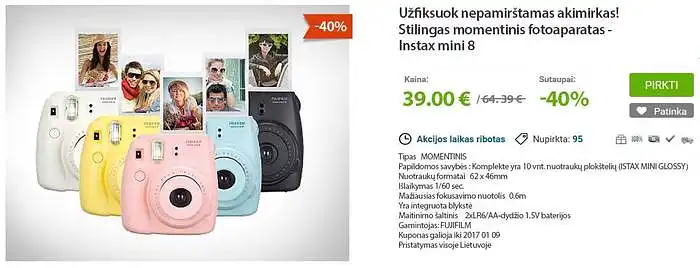 2. Įsivaizduokite, kad Jums reikia momentinio fotoaparato. Jūs lankotės Beta.lt grupinių pirkimų portale, kuriame yra pateikiamas konkretus momentinio fotoaparato pasiūlymas.  Įvertinkite savo ketinimą pasinaudoti paveikslėlyje nurodytu pasiūlymu, t.y pirkti grupinių pirkimų portale momentinį fotoaparatą, kurio kaina 39 eur. (buvo pritaikyta 40% nuolaida). Įvertinkite savo ketinimą septynių balų skalėje, kurioje 1 reiškia – visiškai nesutinku, 7 – visiškai sutinku su teiginiu, atsižvelgiant į anksčiau apibūdintą situaciją. 