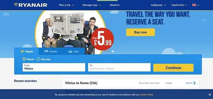 Įvertinkite „Ryanair“ aviakompanijos internetinę svetainę www.ryanair.com
