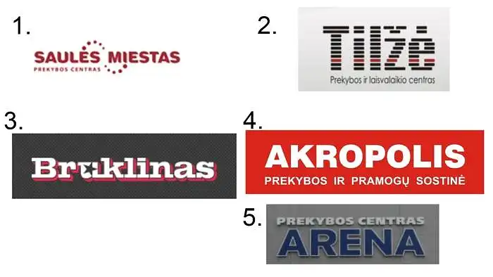 Įvertinkite prekybos ir pramogų centrų logotipus.