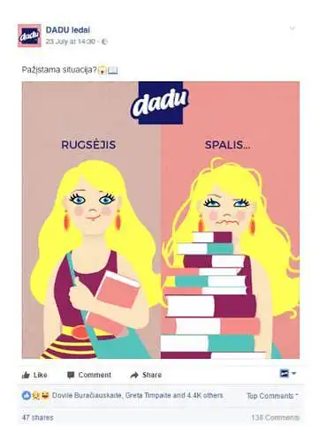 15. Įvertinkite prekės ženklo „DADU“ pranešimą socialiniame tinkle „Facebook“.  Įvertinkite teiginius skalėje nuo 1 iki 10 (1- visiškai nesutinku, 10- visiškai sutinku).