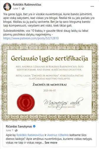 15. Pažymėkite teiginius, kurie geriausiai atspindi Jūsų požiūrį į Rokiškio Rabinovičiaus įrašus socialiniuose tinkluose. 