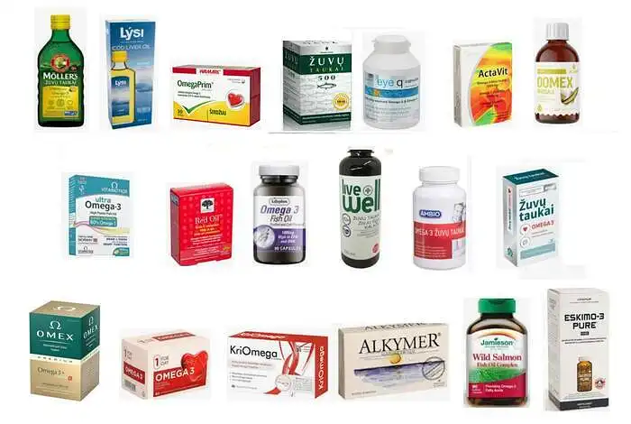 12. Kokius iš žemiau pateiktų žuvų taukų/ omega-3 maisto papildų prekės ženklų ŽINOTE? (kai 1- žinau, 2- žinau ir vartojau, 3 - vartojau per pastaruosius 3 mėnesius, 4- nežinau) (nuotraukos pateikiamos tik kaip pavyzdys bent vieno minimo prekinio ženklo produkto)