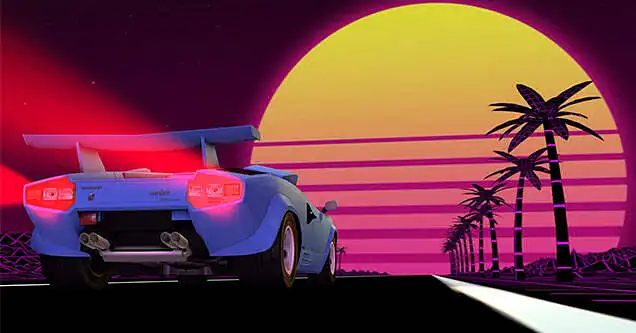 OUTRUN - automobilių lenktynės, saulėlydis, palmės, paplūdimys (dainos apie prisiminimus, laimę, meilę, šilumą)