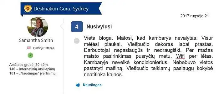 Įsivaizduokite, kad planuojate kelionę ir tinklalapyje www.booking.com ieškote viešbučio. Jus sudomina viešbutis Y. Jūs perskaitote žemiau pateiktą internetinį atsiliepimą apie jį: 