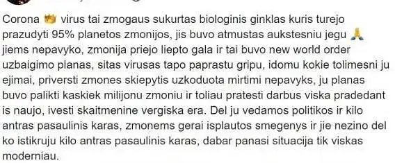 Perskaitykite konspiracinės teorijos atvejį, kuriame teigiama jog Covid-19 yra sukurtas kaip biologinis ginklas. Kokia Jūsų reakcija? Kokių veiksmų norite imtis perskaičius šią melagieną?