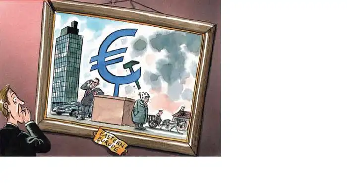What symbols can you identify in this cartoon, what might they refer to ? / Kokius simbolius pastebite šiame paveikslėlyje, ką jie galėtų reikšti ?