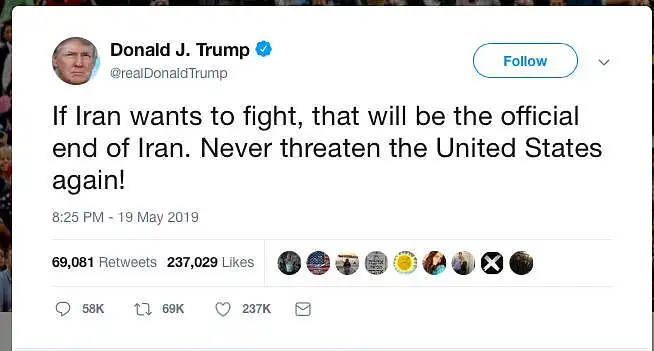 Perskaitykite atvejį susijusį su Donald‘o Trump‘o Twitter naudojimu perduoti „politišką“ žinutę. Tuo metu buvęs prezidentu Donald‘as Trump‘as gindamas JAV tiesiogiai pagrasina, kad gali sunaikinti Iraną. Ką manote apie tokį politikų įsitraukimą į socialines medijas? Ar Jus įtrauktų tokie komentarai socialinėse erdvėse jei tai parašytų Jūsų mėgstamas politikas?