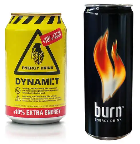 Palyginkite energetinių gėrimų Dynami:t ir ir Burn pakuotės išvaizdą. 