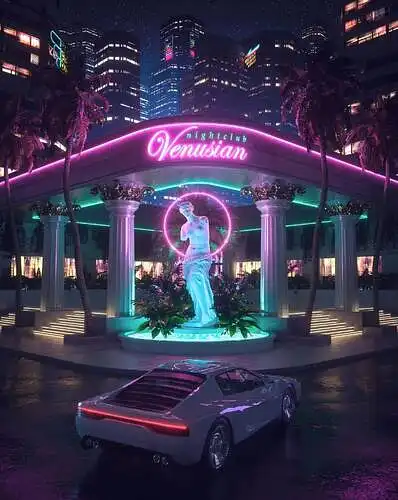 Vaporwave stiliaus naktinio klubo interjero dizainas