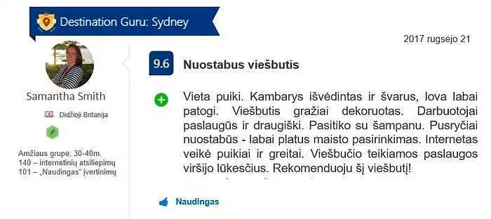 Įsivaizduokite, kad planuojate kelionę ir tinklalapyje www.booking.com ieškote viešbučio. Jus sudomina viešbutis Y. Jūs perskaitote žemiau pateiktą internetinį atsiliepimą apie jį: 