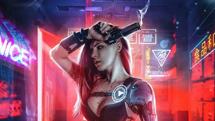 CYBERSYNTH - tolima ateitis, kiborgai, lazeriai, miestas naktyje, neono šviesa (rokas, metalas, greitis) 