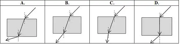 8. Kuriame paveikslėlyje šviesos sklidimo spinduliai per stiklinę plokštelę nubraižyti teisingai?