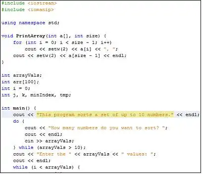20. Kaip vadinama programavimo kalba, kuria parašyta ši programa? Ką reiškia operacijos „cin“ ir „cout“?