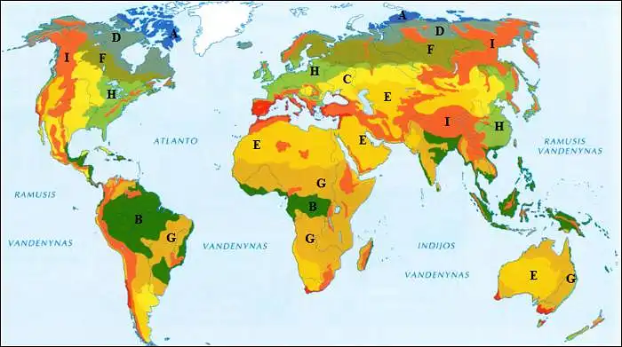 24. Kurie biomai (geografinės zonos) pavaizduoti žemėlapyje?