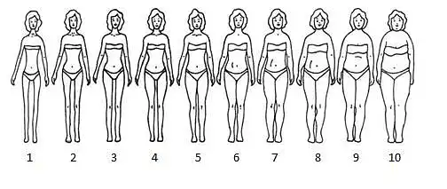 24. Įsižiūrėkite į moters figūras ir pasirinkite skaičių tos figūros, kuri Jūsų nuomone, labiausiai atitinka Jus tokią, kokia esate dabar: