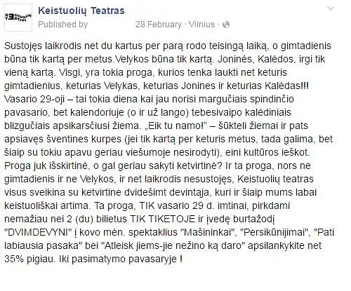 "Keistuolių teatro" Facebook pranešimų tonas