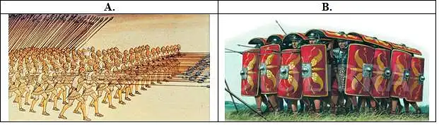 30. Kaip vadinamos pavaizduotos karinės rikiuotės? Kuriai senovės valstybei būdinga kiekviena iš jų?