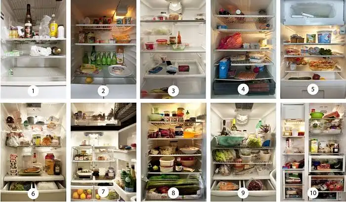 Kuris iš žemiau pateiktų variantų yra panašiausias į prekių išdėstymą Jūsų šaldytuve? 