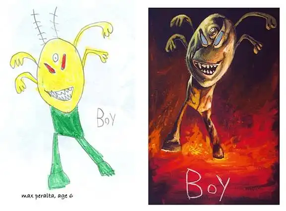 Paveikslėlyje matote kūrybos pavyzdį, kai vaikišką piešinį (kairėje) dailininkas paverčia į erdvinius objektus, stilizuoja. Ką manote apie tokią kūrybą?